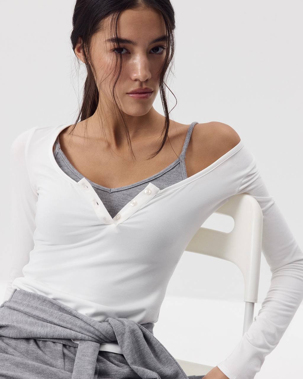 Women's Soft Modal Long Sleeve U-Neck Button Fitted Top
