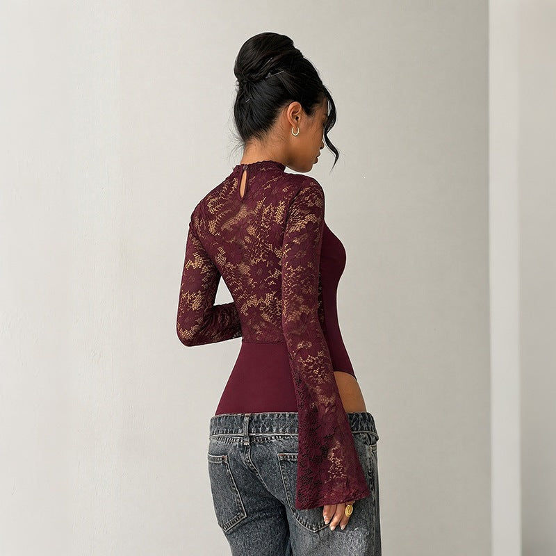 Solid Lace Top Romantic Cutout Bell Sleeve