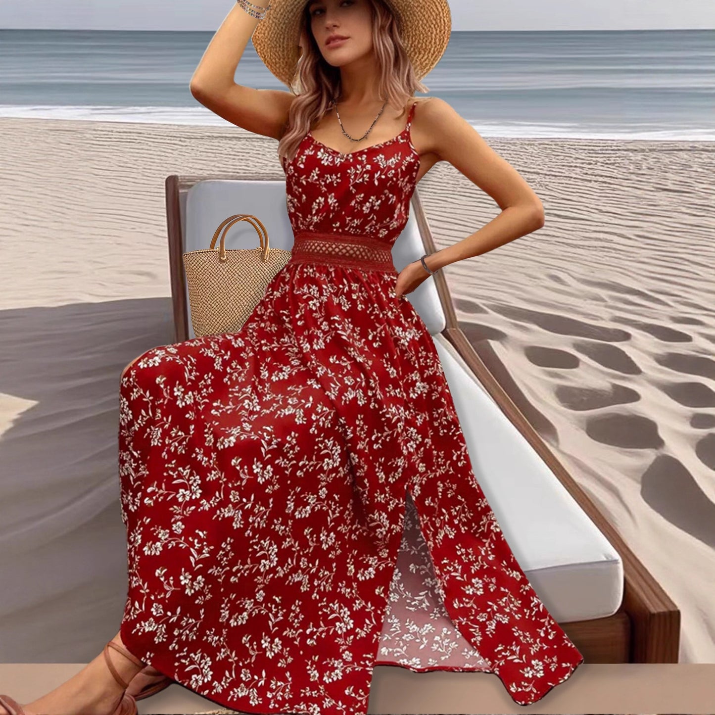 Women’s Floral Cami Maxi Dress Lace Waist Slit