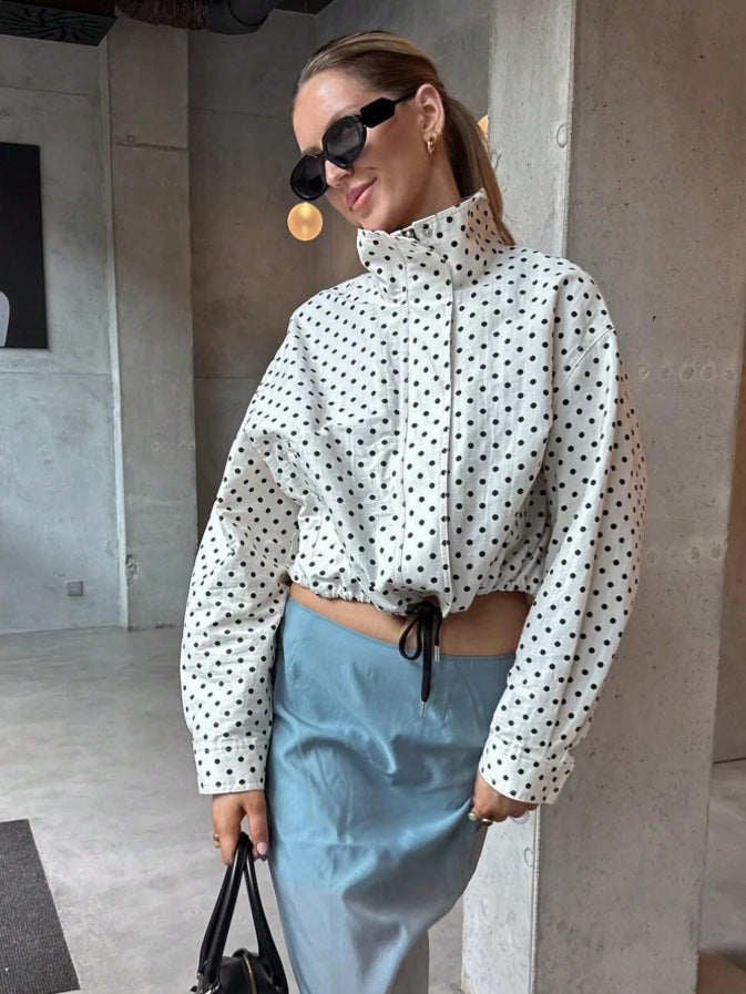Polka Dot Woven Jacket Trendy Zip Up Stand Collar
