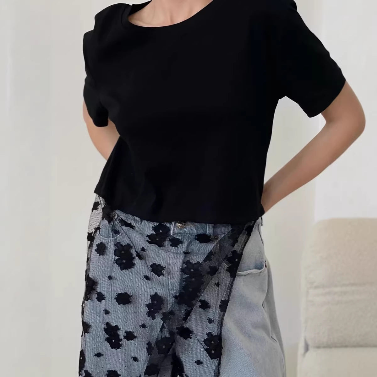 Women Lace Hem Cotton Short Sleeve Casual T Shirt