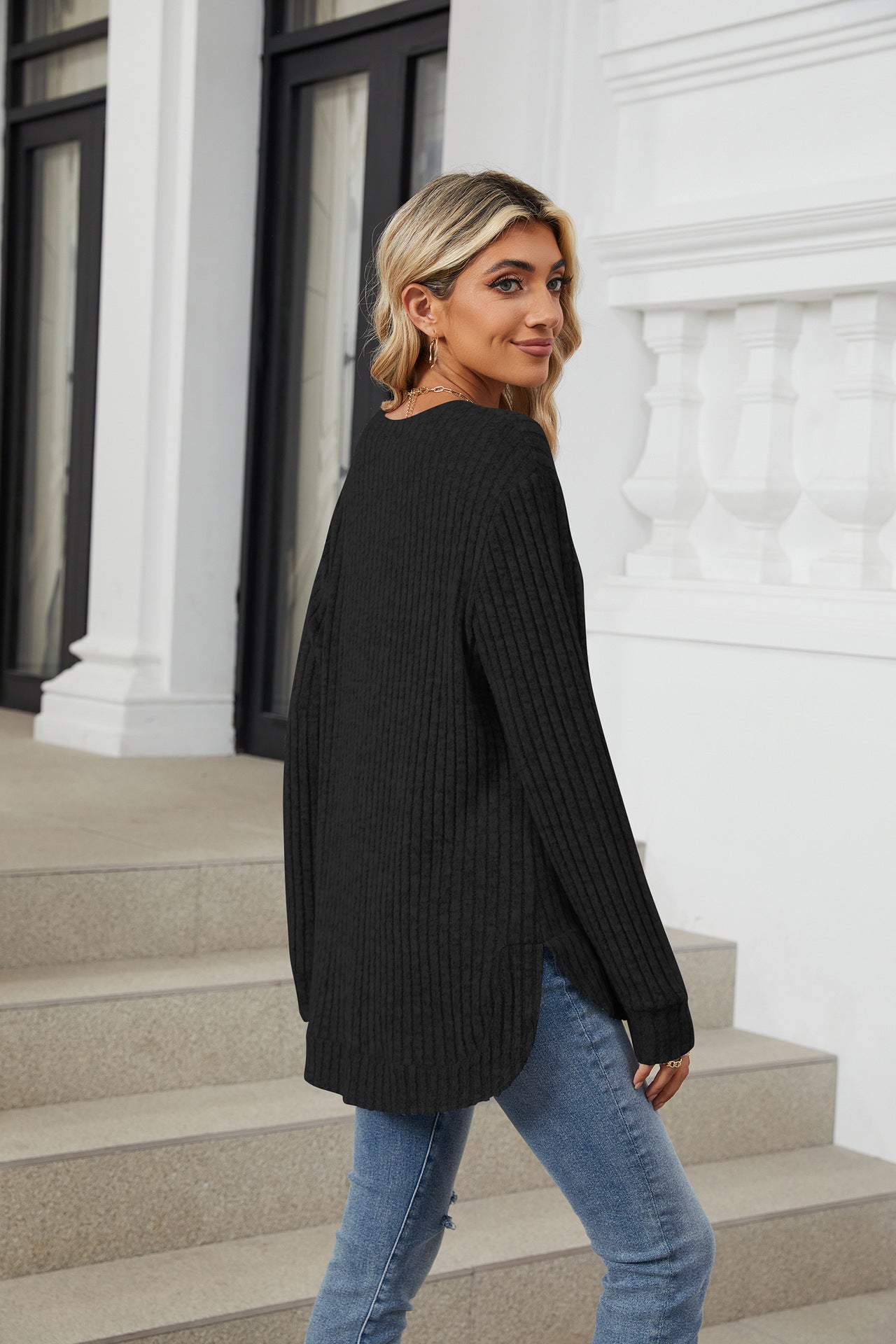 Solid Color Round Neck Long-sleeved Polished Loose T-shirt