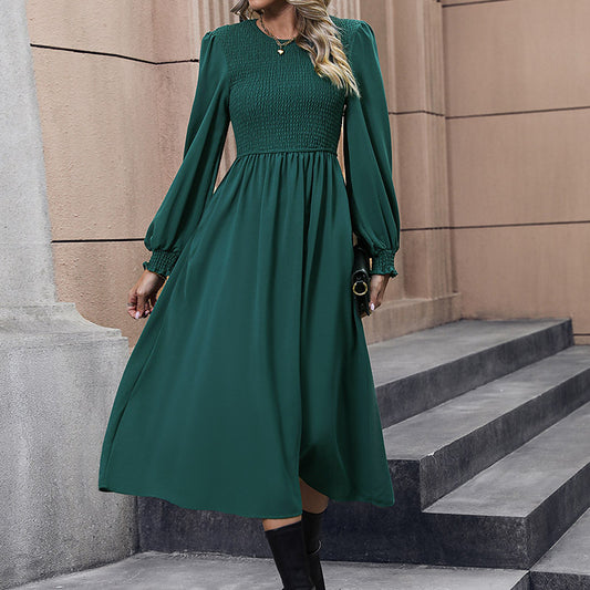 Elegant Green Long Sleeve Smocked Waist Midi Dress