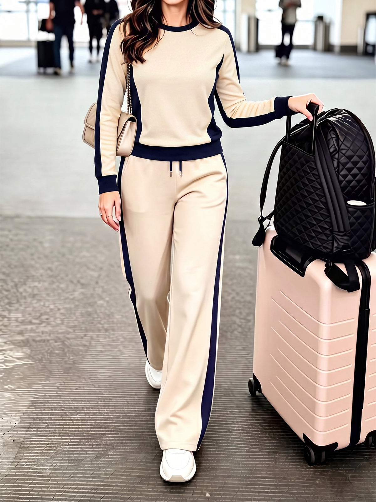 Women's Colorblock Two-Piece Lounge Set Wide Leg Pants