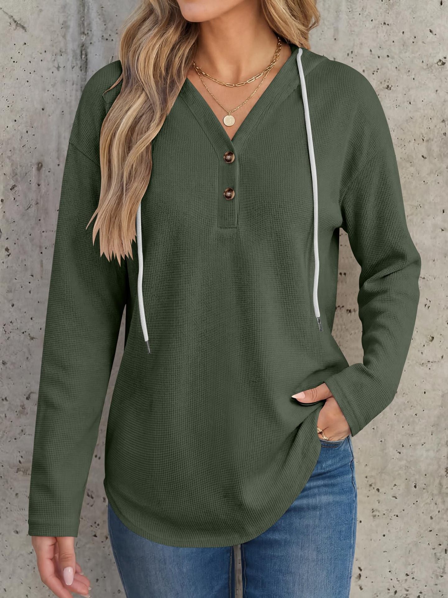 Solid Waffle Hoodie Pullover Casual Button Long Sleeve
