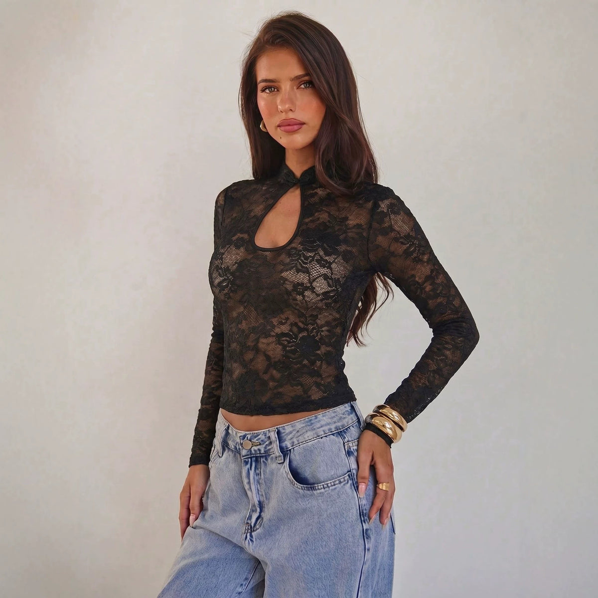 Black Lace Cutout Crop Top Long Sleeve Mandarin Collar