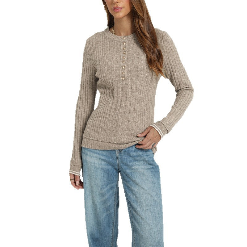 Women's Ribbed Henley Long Sleeve Fitted Sweater