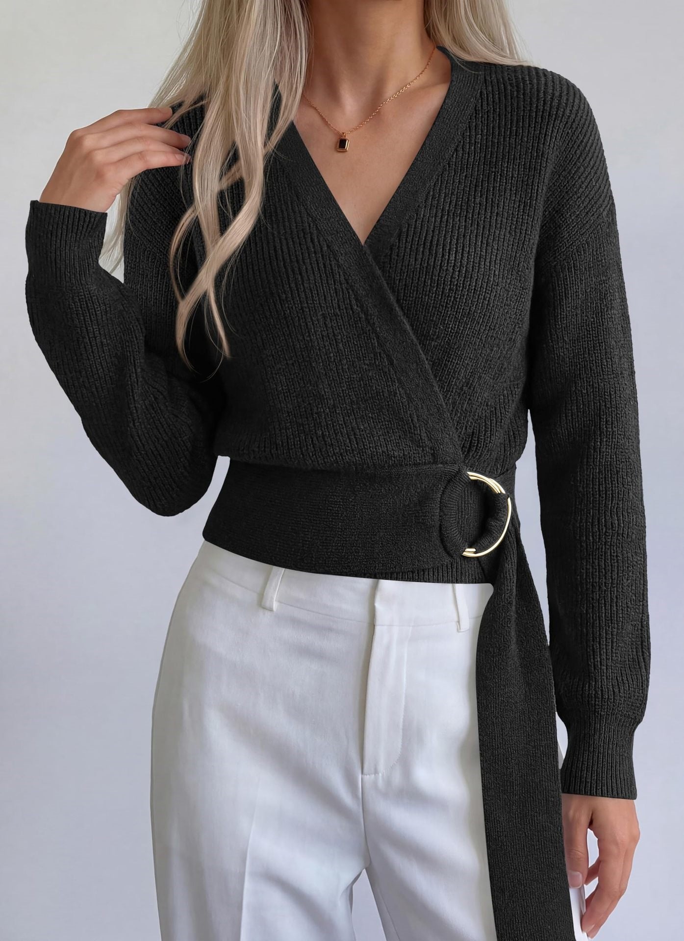 Metal Buckle V Neck Knit Sweater Long Sleeve Top
