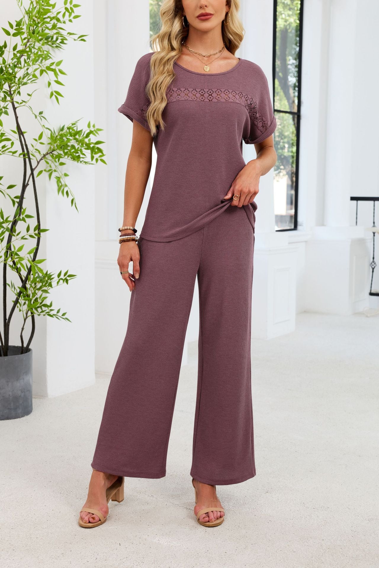 Lace Detail Short Sleeve Top and Wide Leg Pants Set