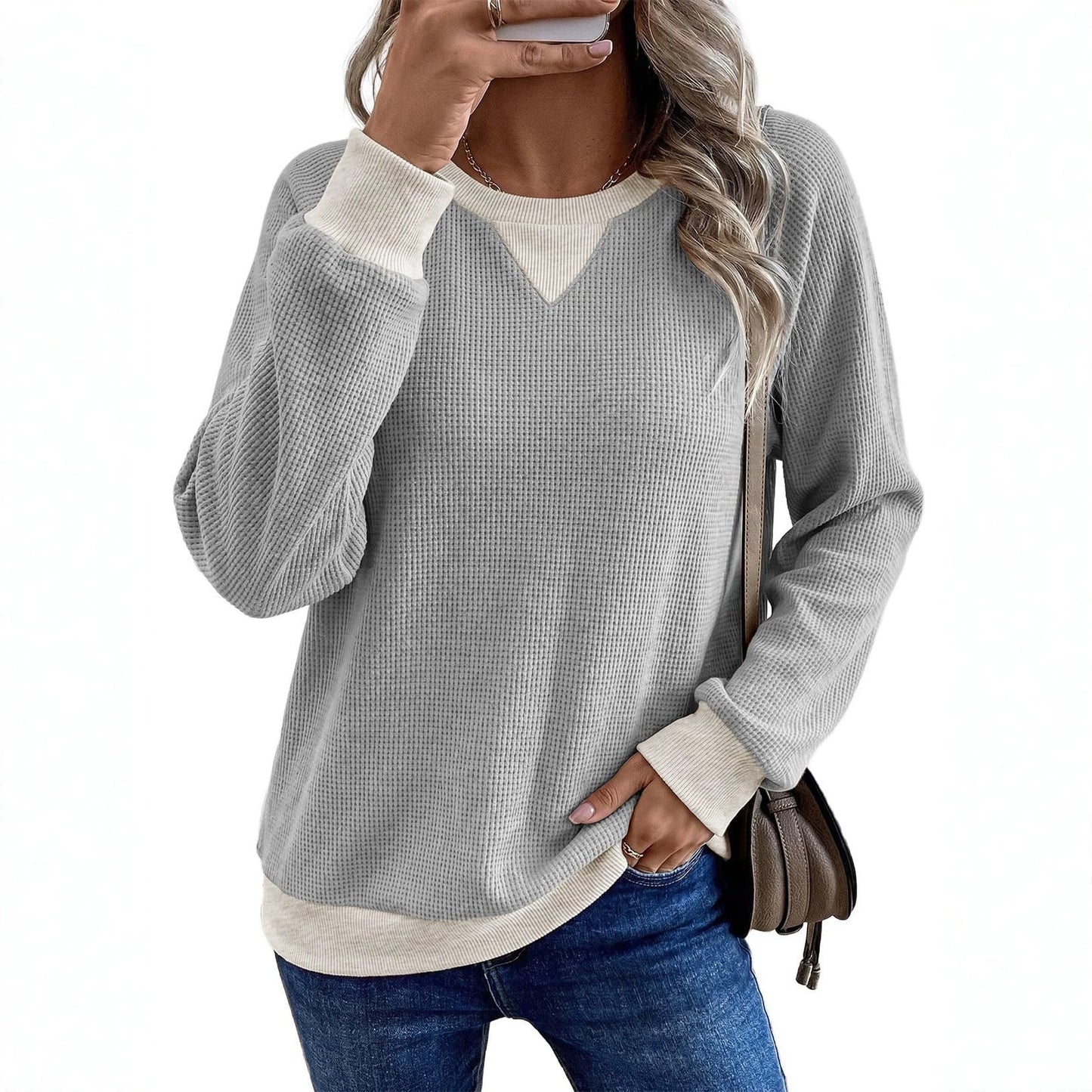 Contrast Waffle Knit Long Sleeve Casual Pullover Top