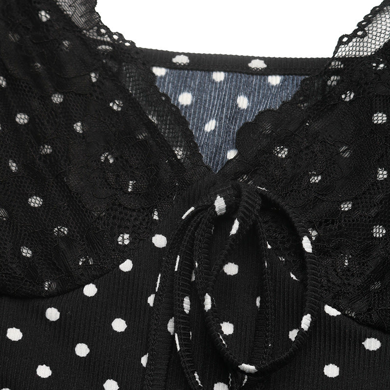 Polka Dot Lace V Neck Mini Dress Vintage Long Sleeve