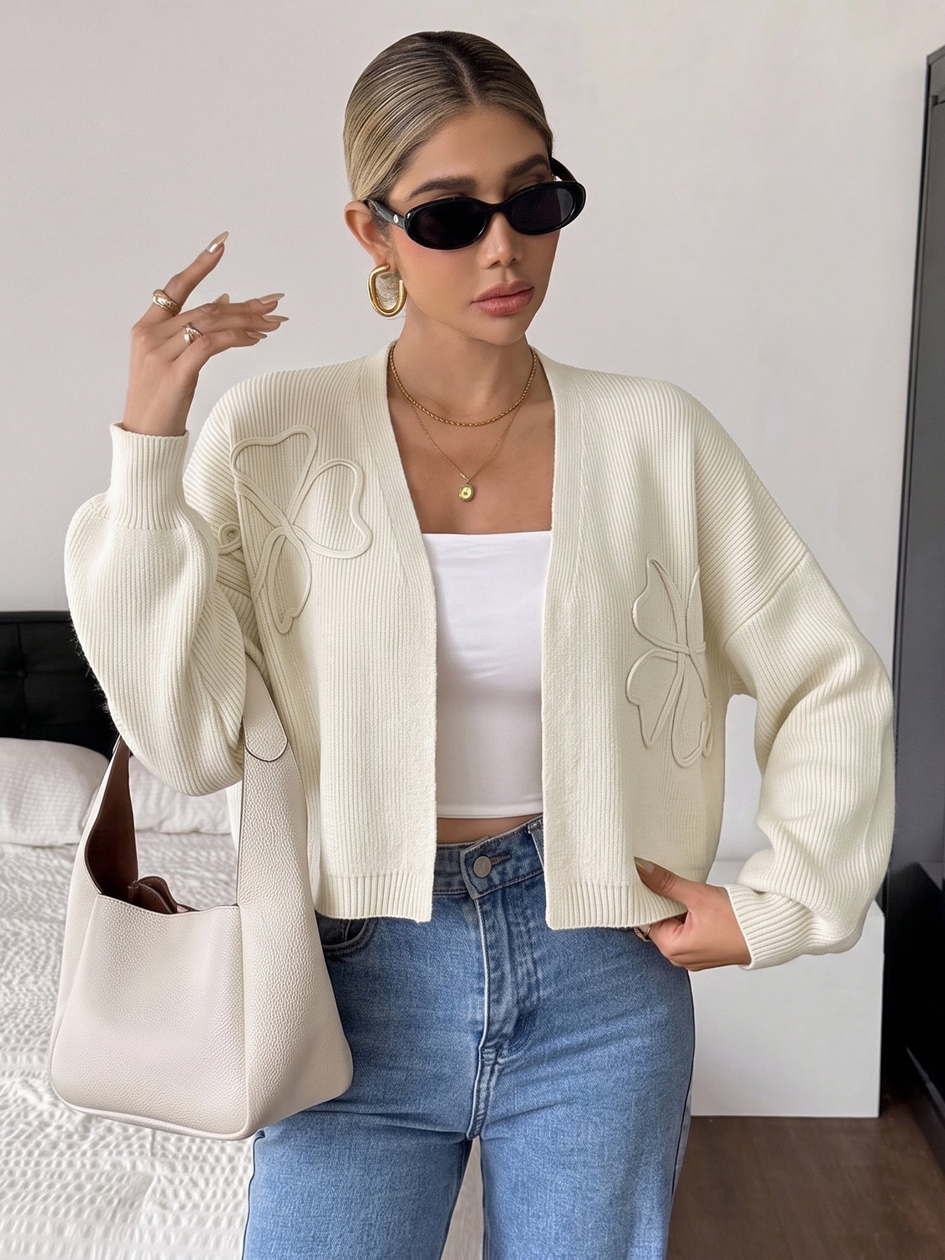 Embroidered Bow V Neck Knit Cardigan Long Sleeve Sweater