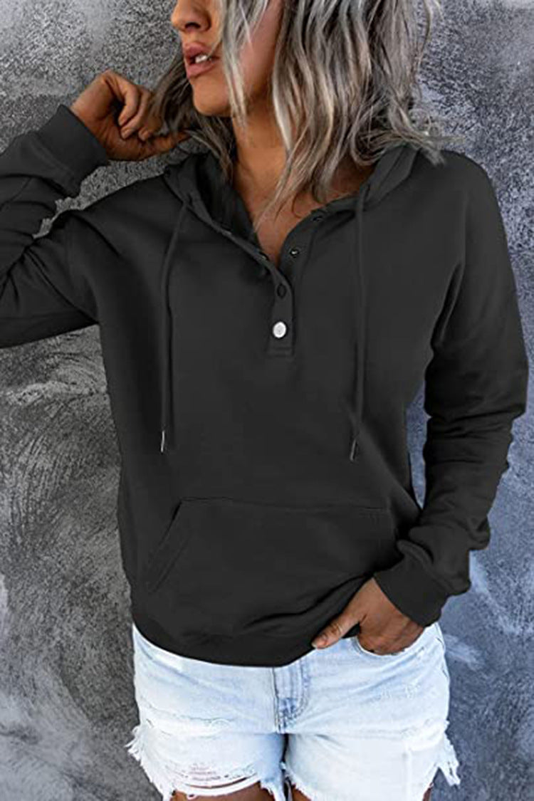 Women's Oversized Henley Hoodie Drawstring Pocket Pullover
