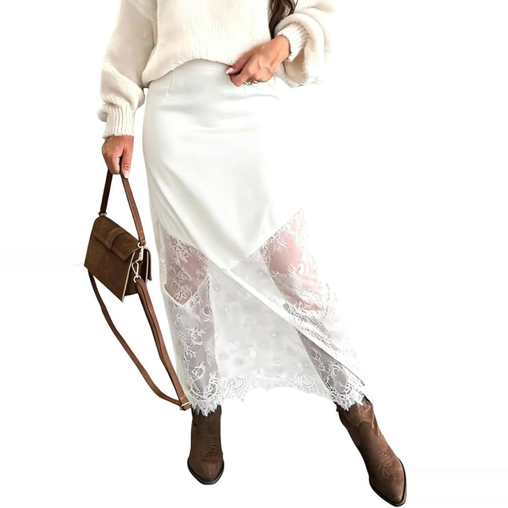 Lace Trim Midi Skirt High Waist Bodycon Elegant Skirt