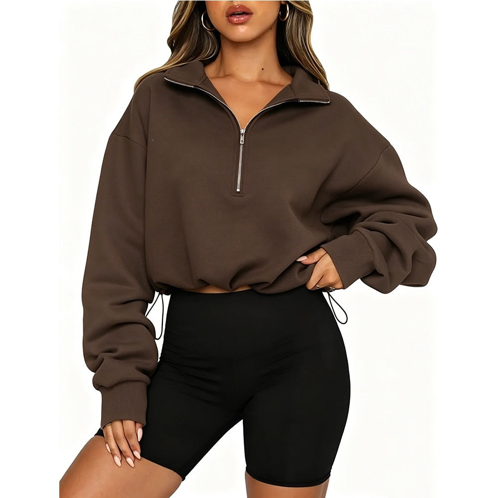 Half-Zip Pullover Sweatshirt Casual Drawstring Cropped Top