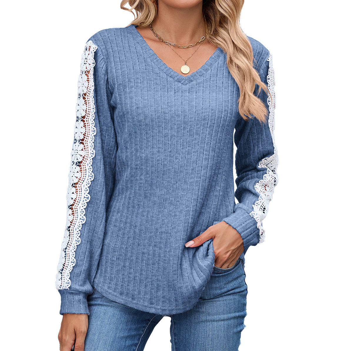 Women's V-Neck Lace Trim Ribbed Knit Tunic Top