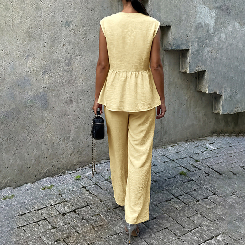 Women's Linen Look Peplum Vest Wide Leg Pants Two Piece Set