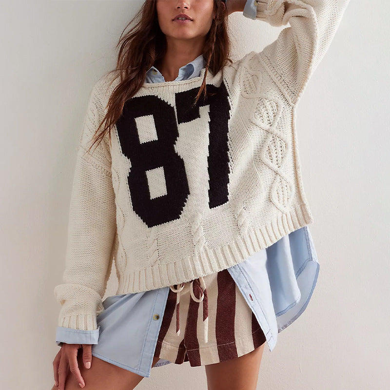 Casual Colorblock Knit Sweater with Number Print