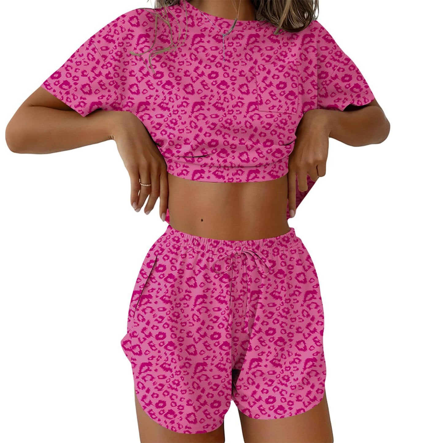 Women Leopard Print Crop Tee Lounge Short Set