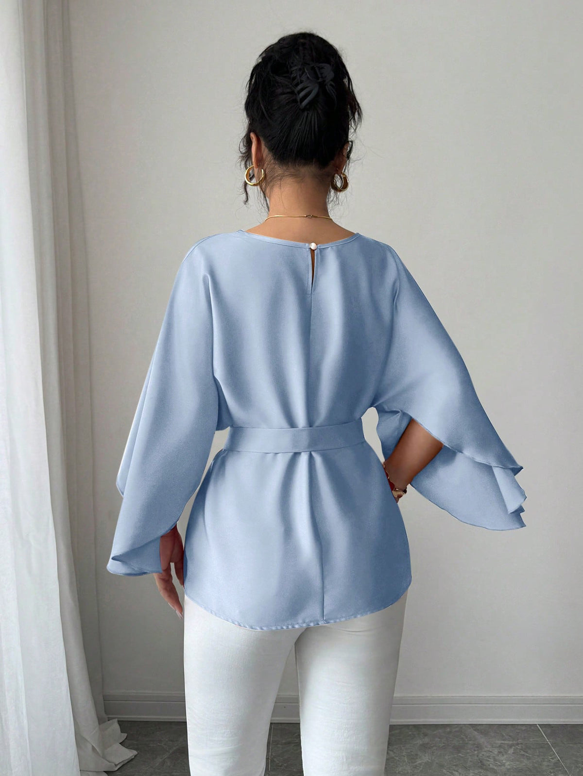 Women's French Vintage Bell Sleeve Belted Round Neck Blouse