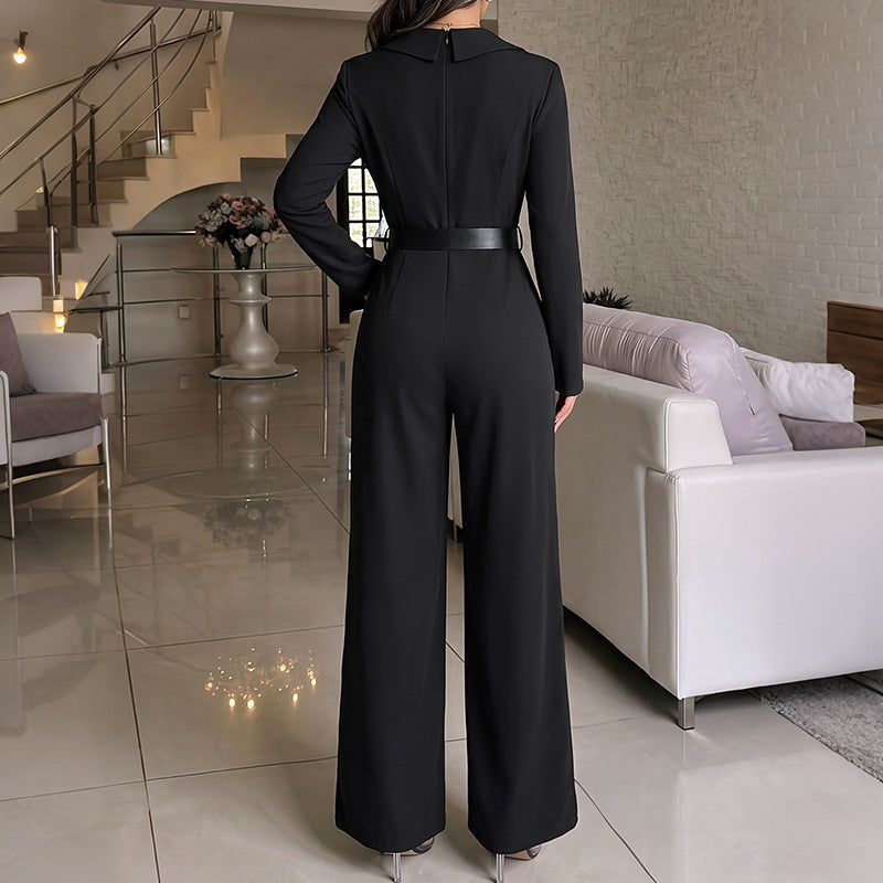 Womens Belted Blazer Jumpsuit High Waist Split Flare Leg