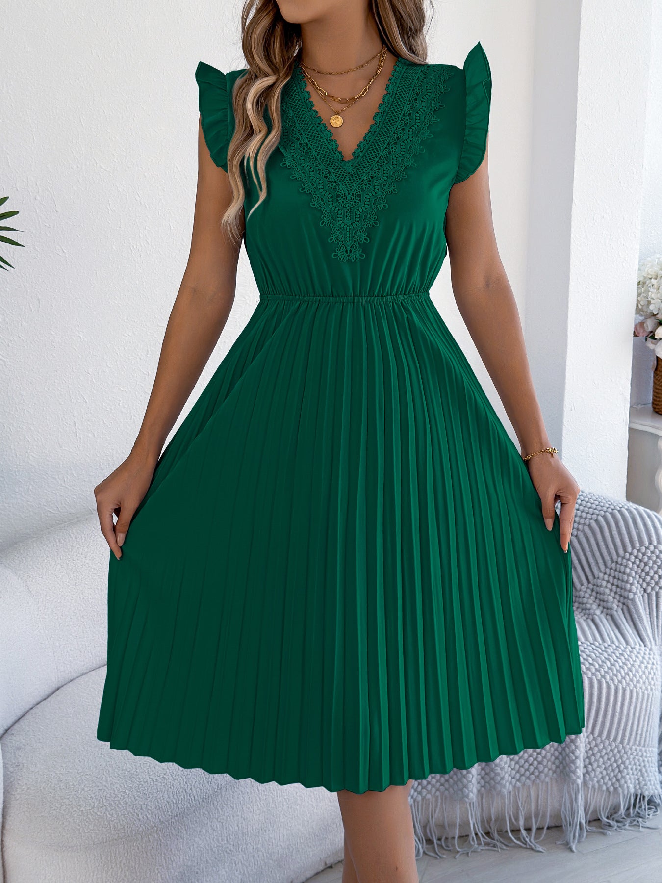 Pink Lace V Neck Pleated Midi Dress with Flutter Sleeves