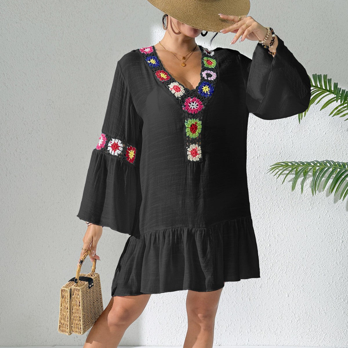 Boho Crochet Trim V Neck Bell Sleeve Ruffle Dress