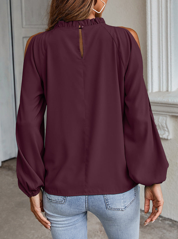 Women’s Ruffle Mock Neck Cold Shoulder Long Sleeve Blouse