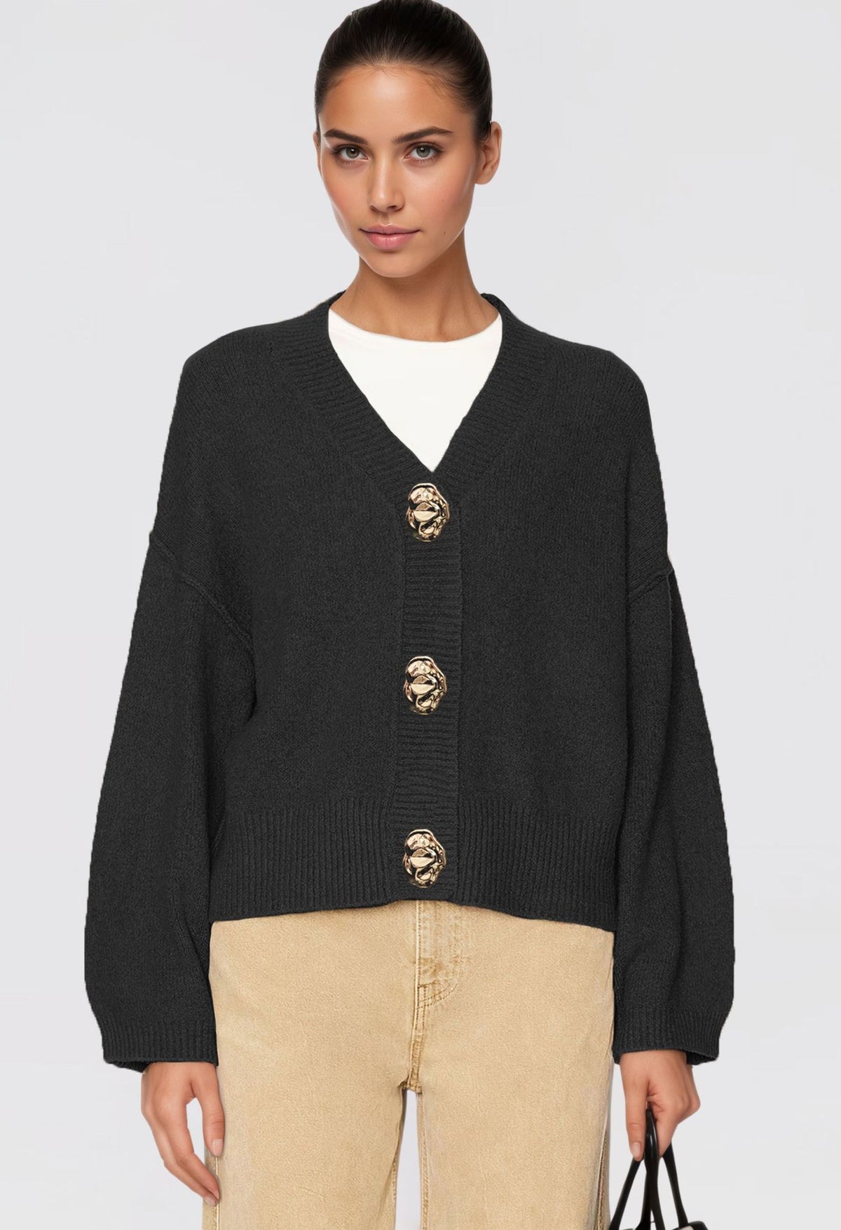 Womens Chunky V Neck Cardigan Statement Button Sweater
