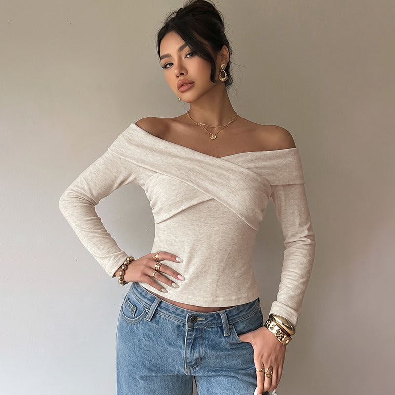 Solid Knit Top Romantic Crossover Off Shoulder
