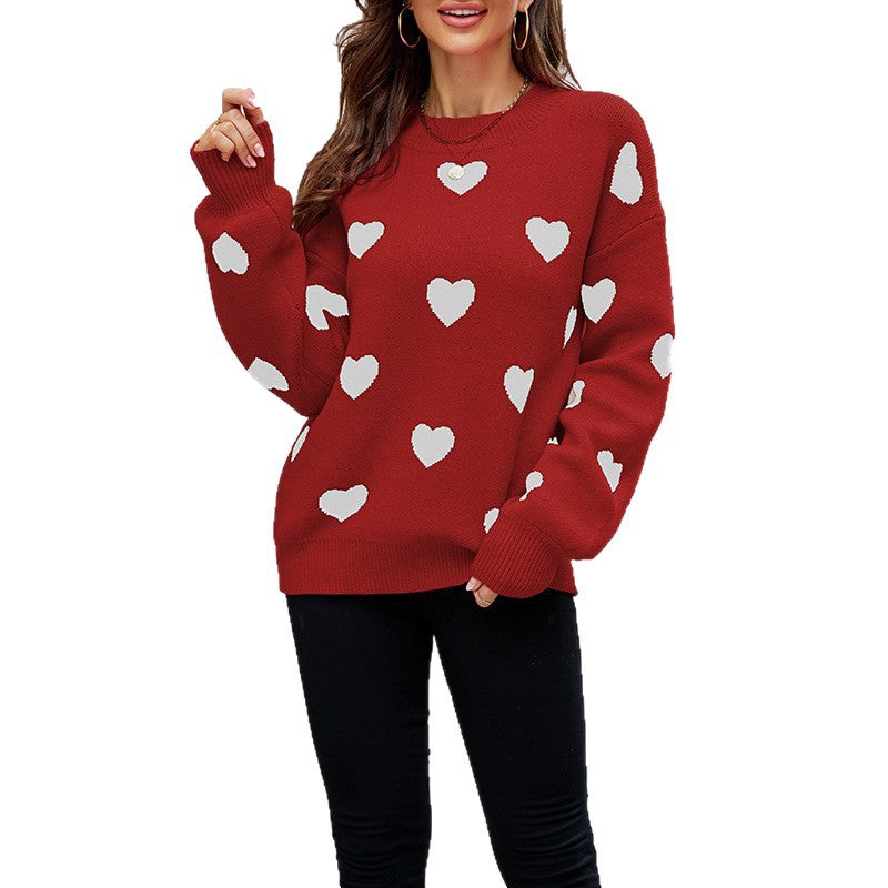 Women's Heart Print Crew Neck Oversized Pullover Sweater