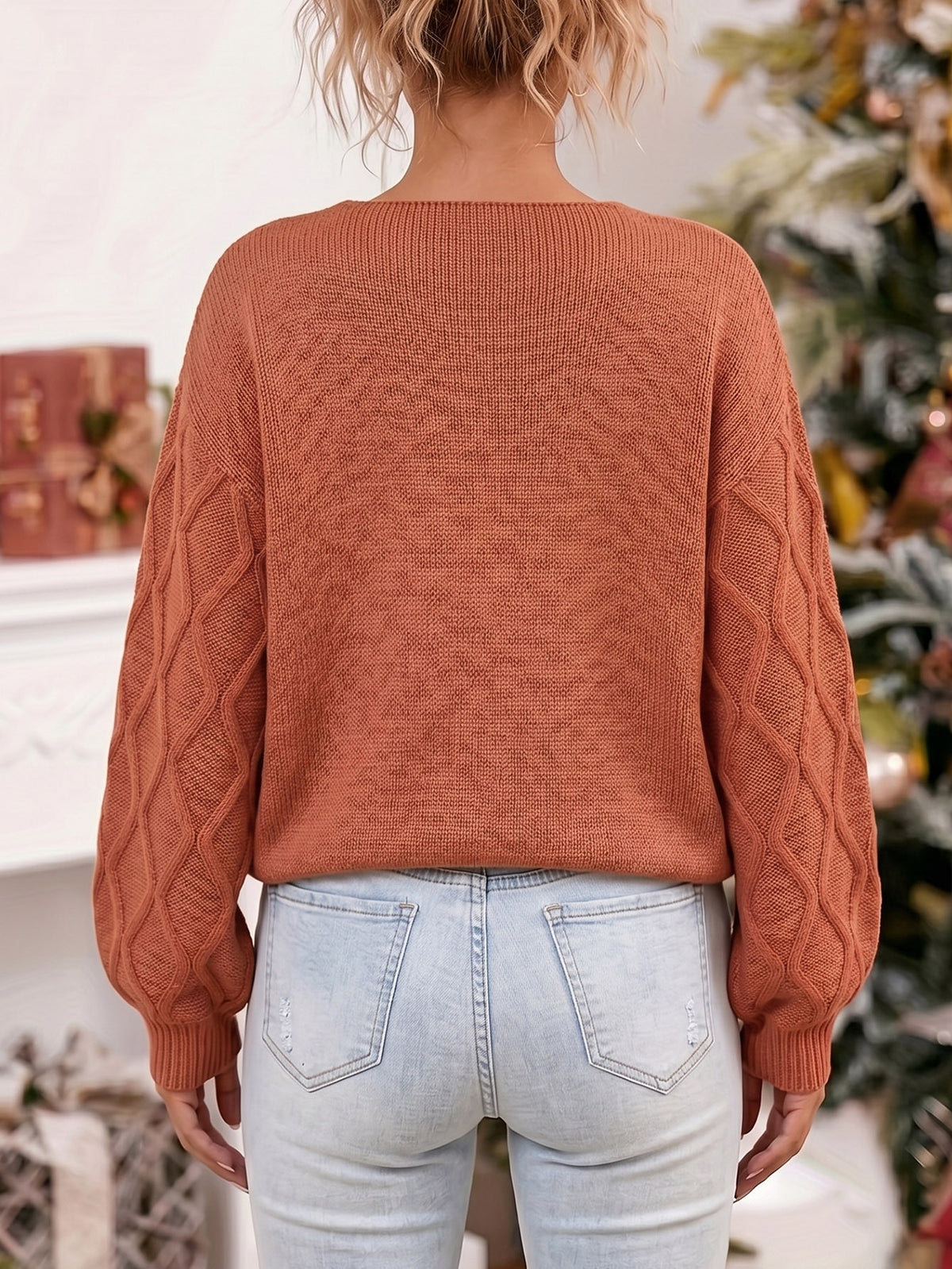 Women's V Neck Cable Knit Snowflake Christmas Sweater