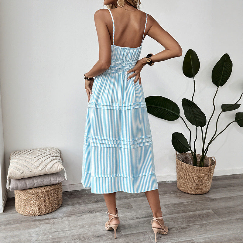 Striped Sleeveless A-Line Sundress with Button Front