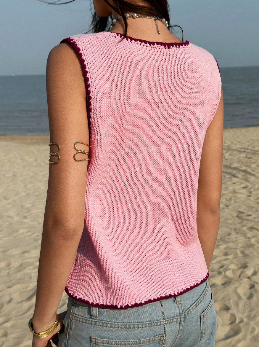 Y2K Contrast Trim Knit Tank Top Sleeveless Button Vest