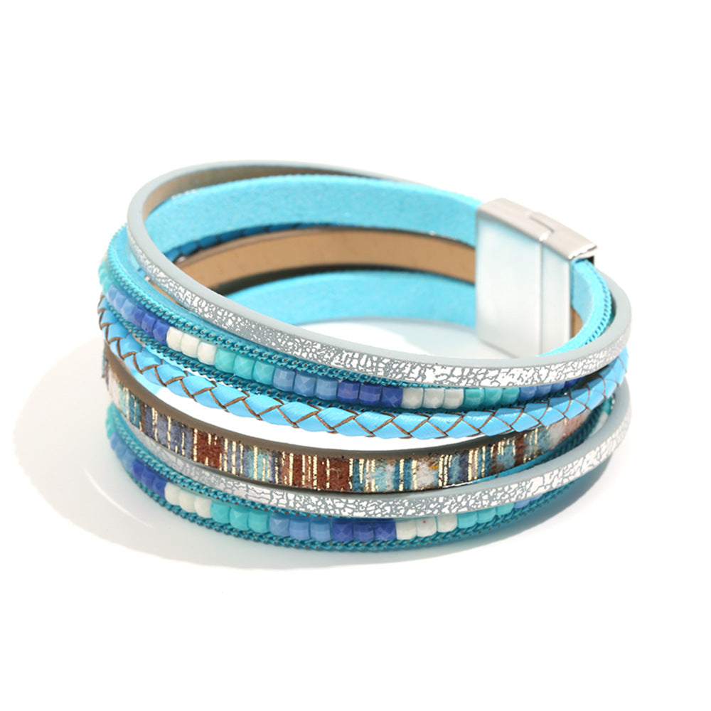 Boho Multi Layer Leather Wrap Bracelet with Magnetic Clasp