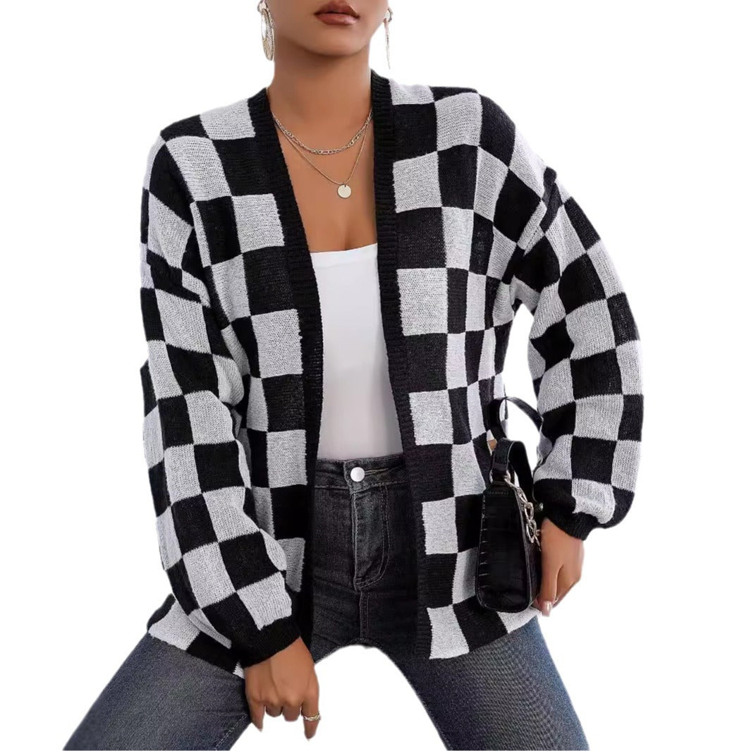 Women's Checkered Cardigan Color Block Knit Open Front