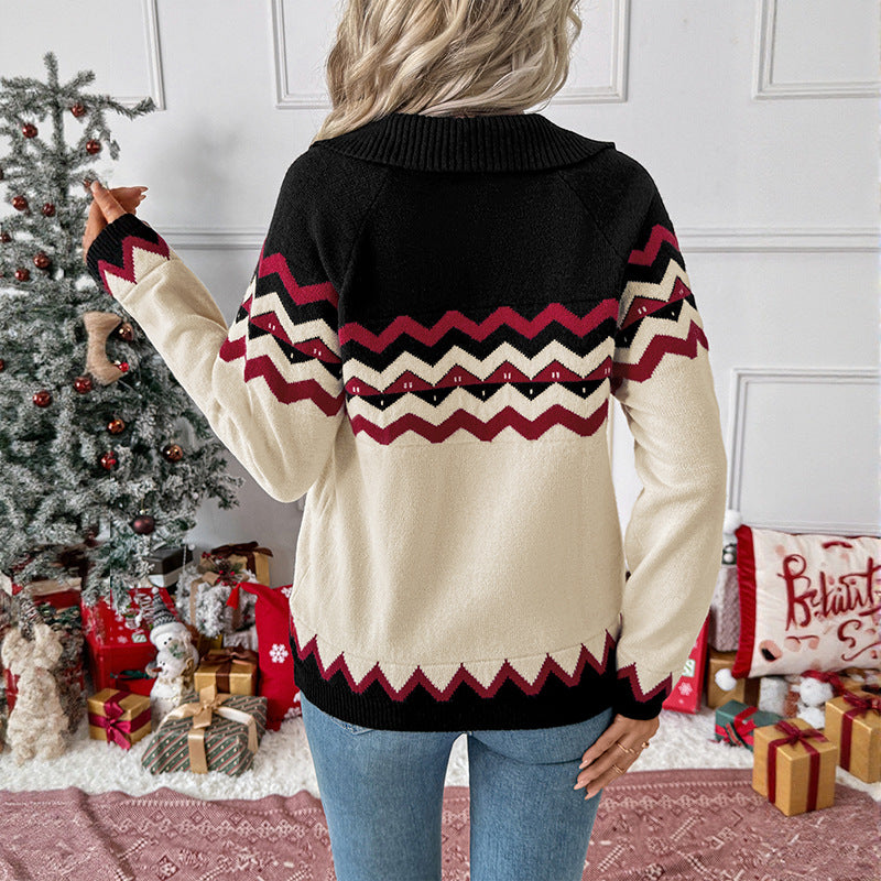 Christmas Knit Sweater Women Retro V Neck Pullover Top