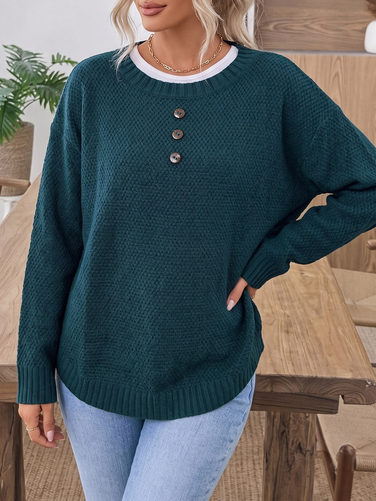 Women's Oversized Coconut Button Crew Neck Sweater