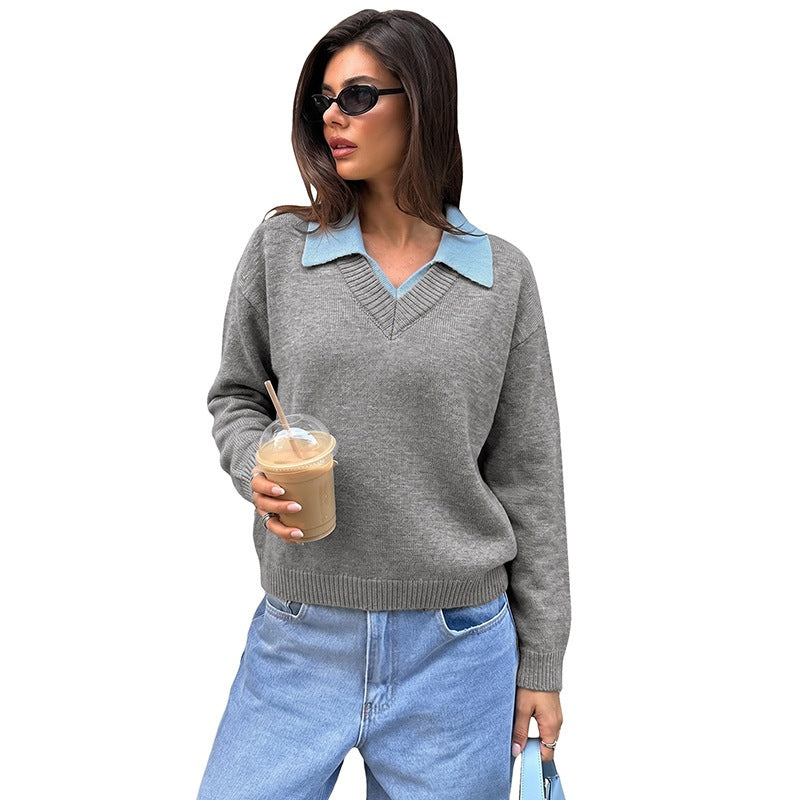 Women's Collared Layered Color Block Knit Sweater
