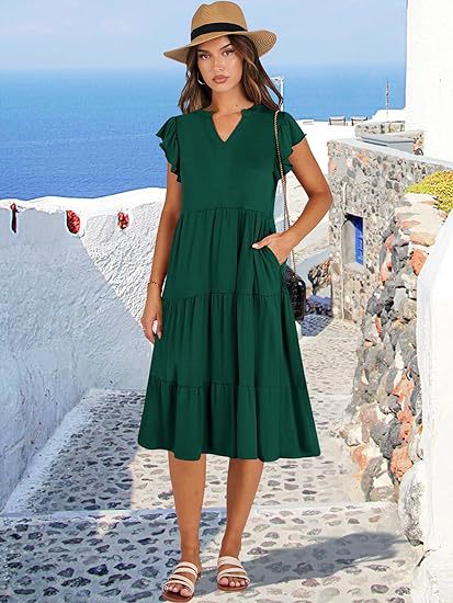 V Neck Flutter Sleeve Tiered Midi Dress with Pockets