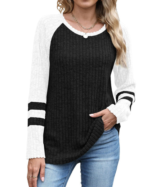 Colorblock Top Casual Ribbed Raglan Sleeve
