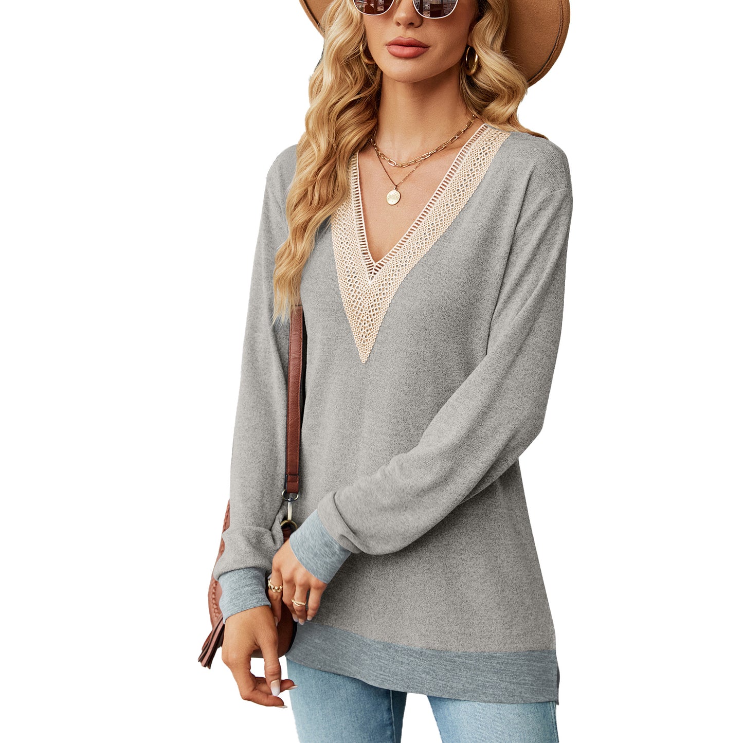 Lace V Neck Color Block Long Sleeve Tunic Top Side Split