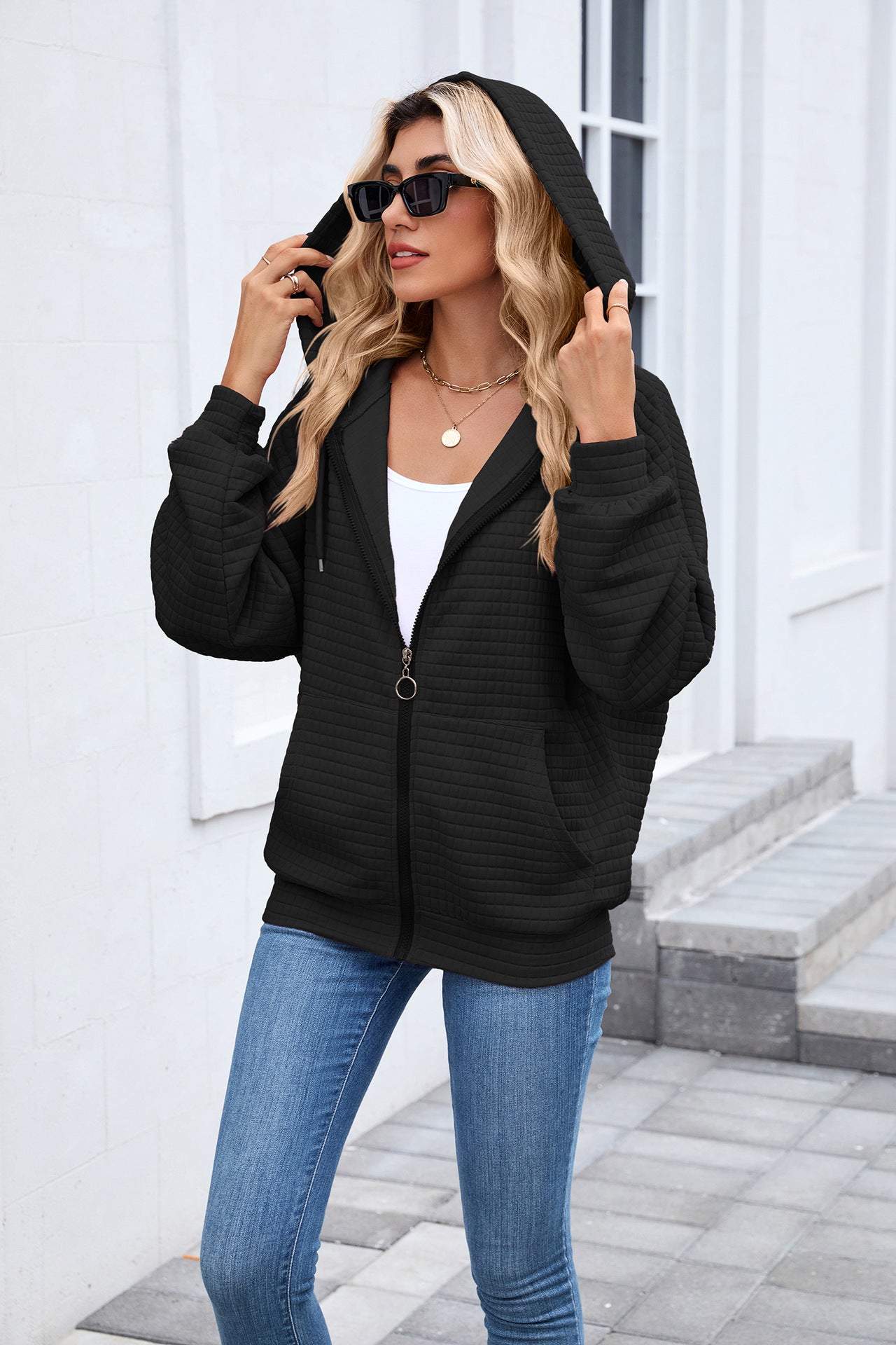 Quilted Zip-Up Hoodie Jacket | Casual Long Sleeve Sweatshirt
