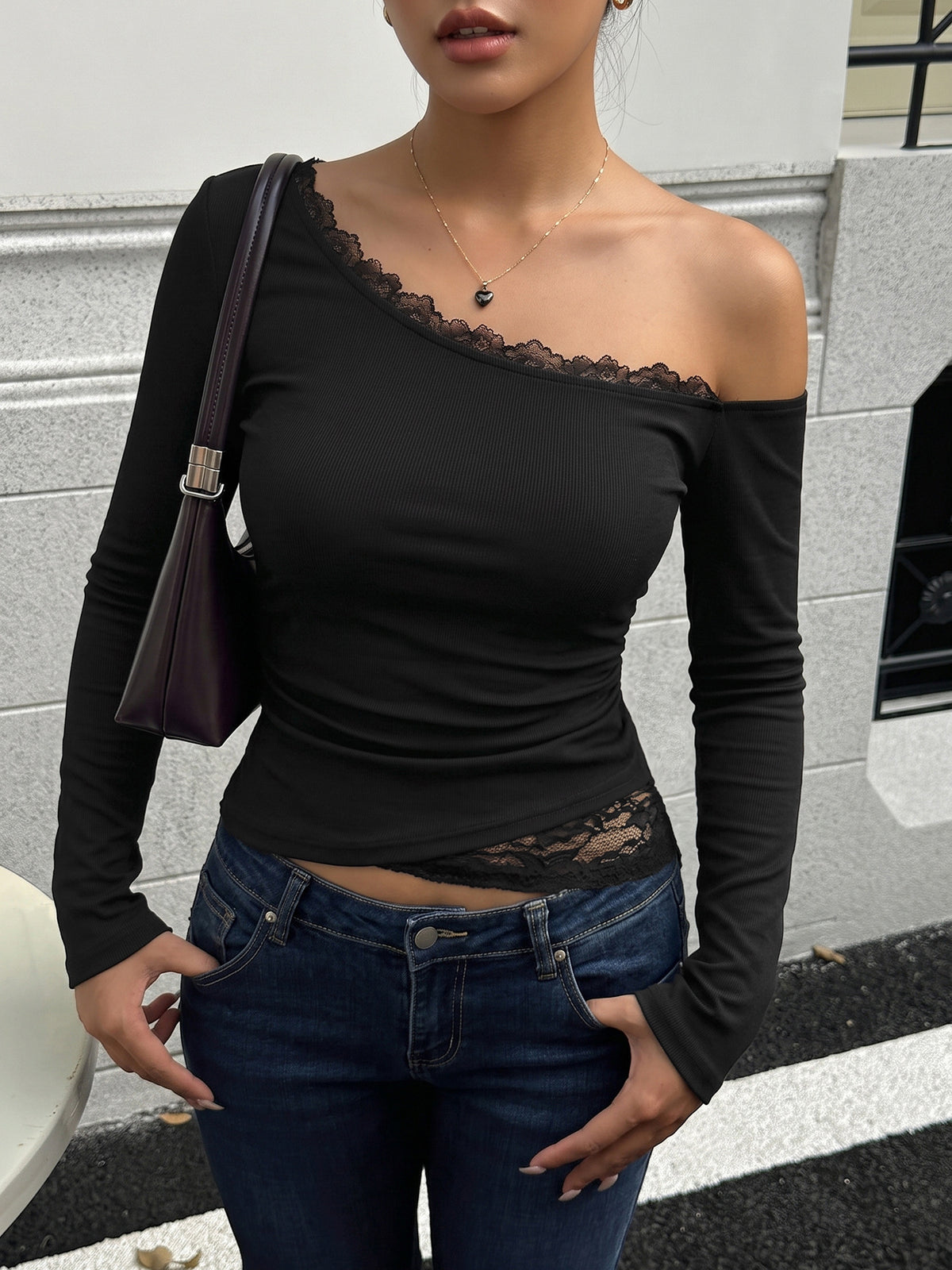 One Shoulder Lace Trim Long Sleeve Fitted Top