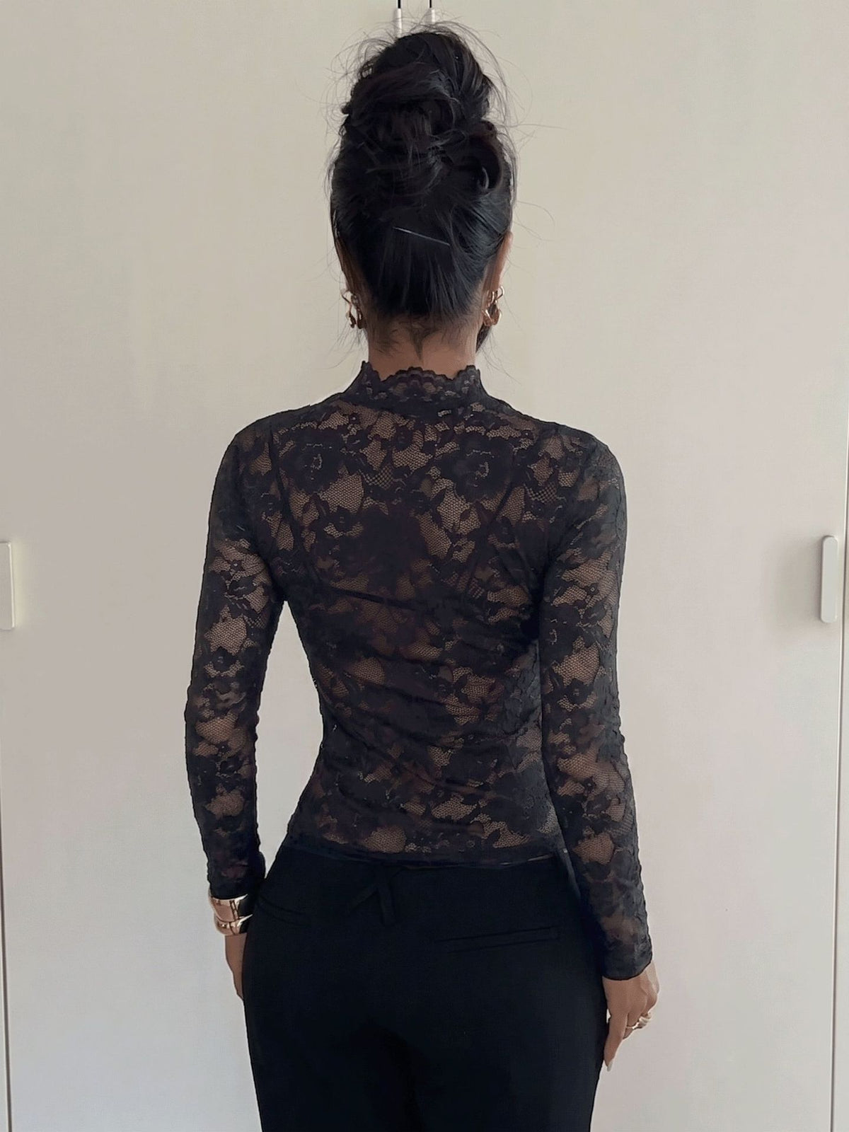 Black Lace Cutout Mock Neck Long Sleeve Top