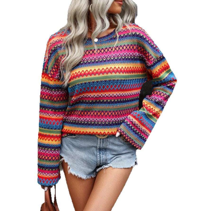 Women's Colorful Boho Geometric Knit Long Sleeve Top