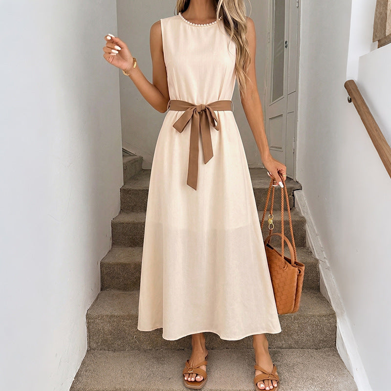 Sleeveless Bow Belt Midi Dress Elegant A-Line Summer Dress