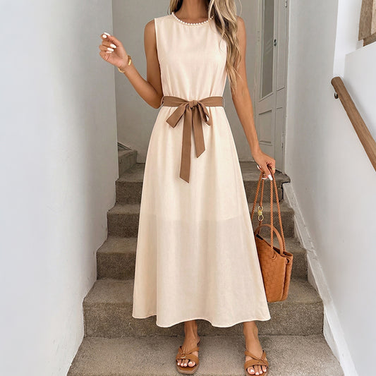 Sleeveless Bow Belt Midi Dress Elegant A-Line Summer Dress