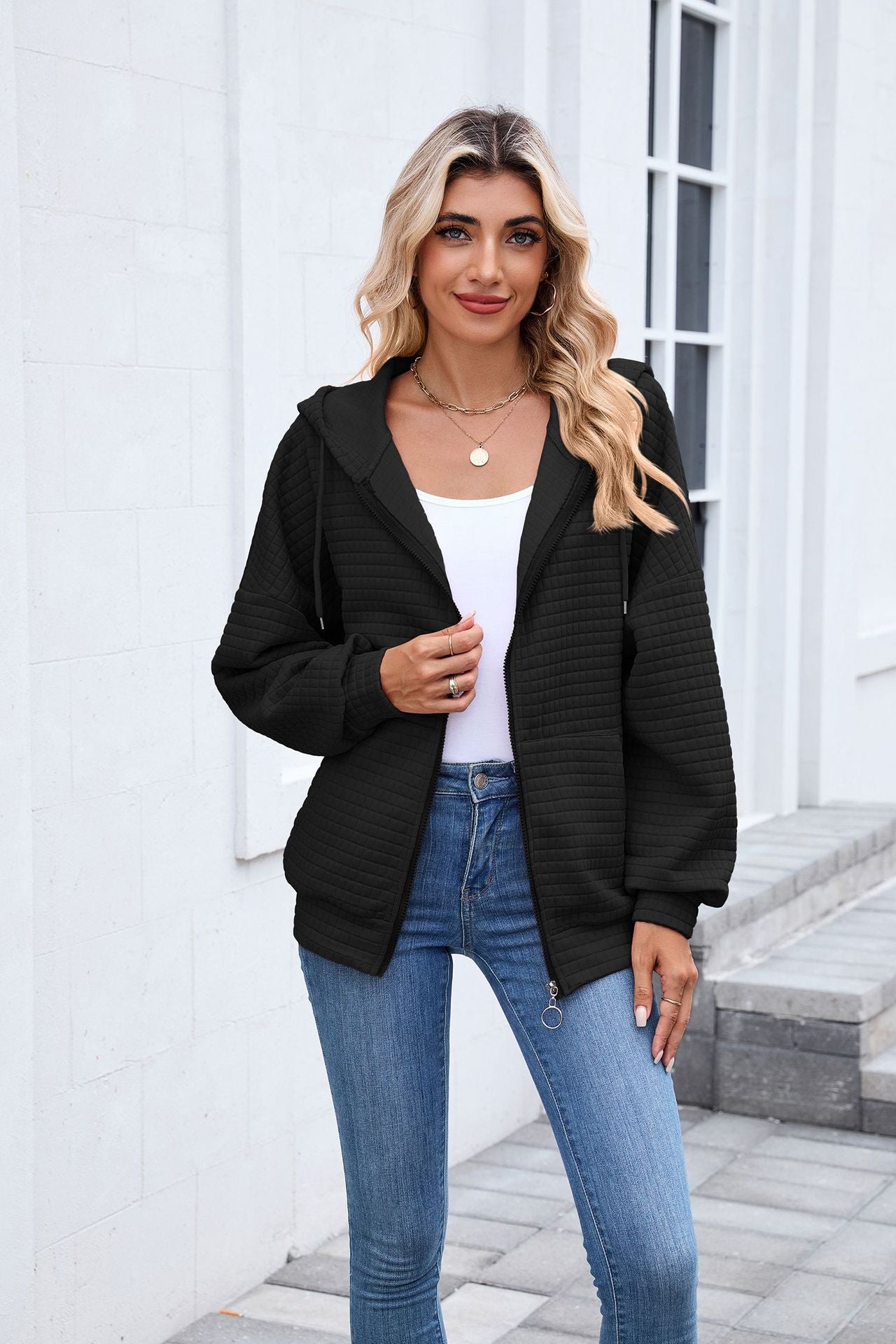 Quilted Zip-Up Hoodie Jacket | Casual Long Sleeve Sweatshirt