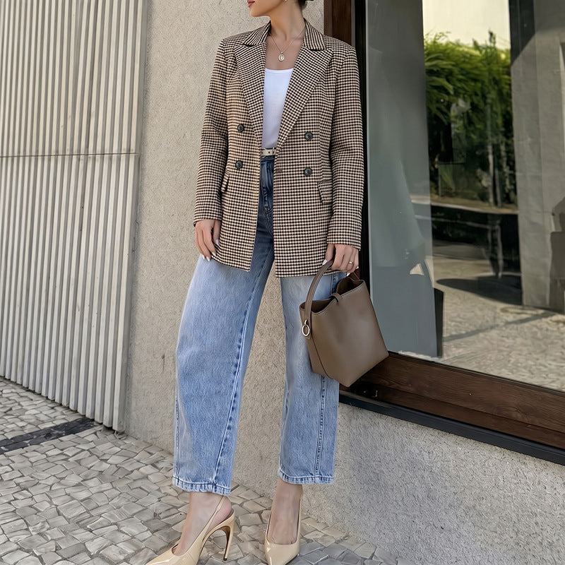 Women's Oversized Houndstooth Double Breasted Blazer